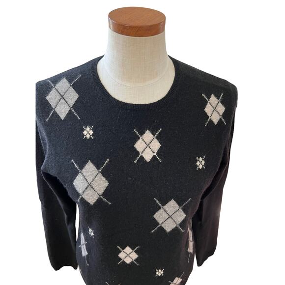 Charter Club Cashmere Crewneck sweater Black Argyle Print M - Picture 2 of 5